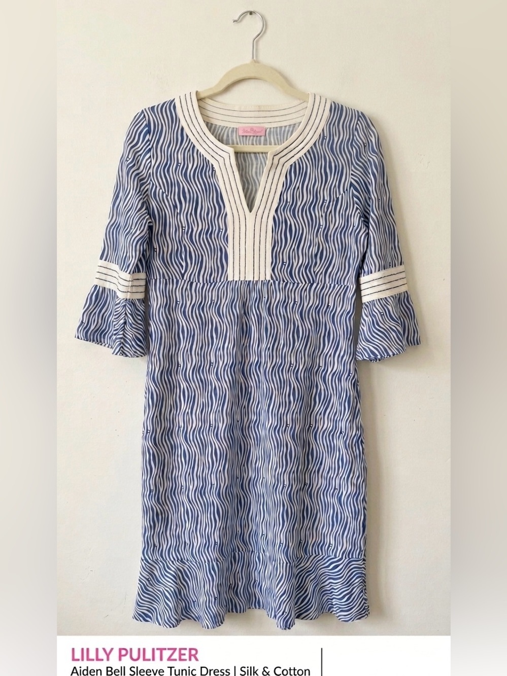 Lilly Pulitzer Silk & Cotton Wavy Stripe Bell Sleeve Tunic Dress Blue White